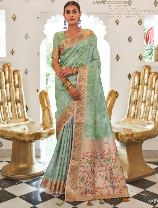 Pista Green Fancy Silk Digital Printed With Self Design Border And Pullu UnStitched Weaving Saree