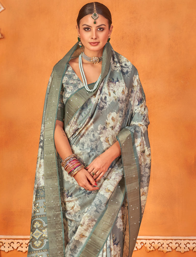 Gothic Opulence Fancy Silk Digital Print With Gotha Silk Border And Digital Print UnStitched Saree