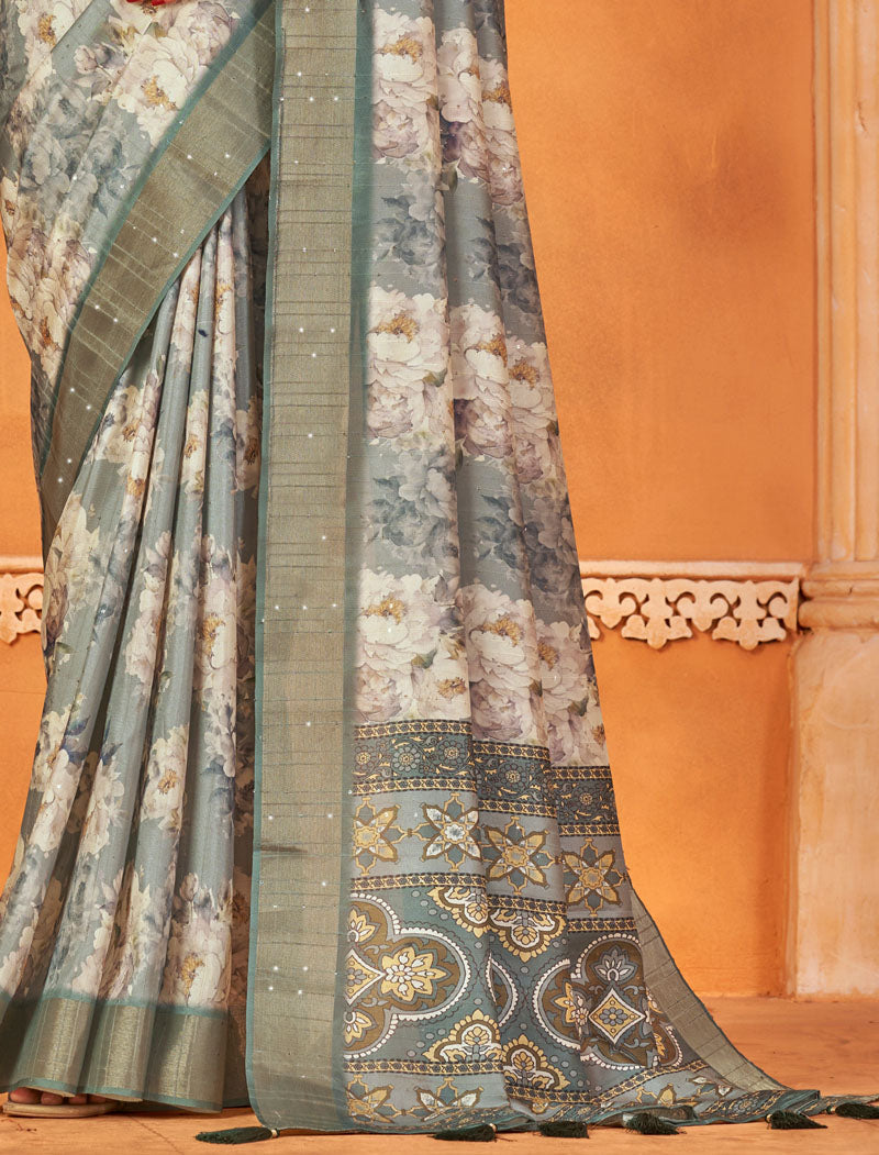 Gothic Opulence Fancy Silk Digital Print With Gotha Silk Border And Digital Print UnStitched Saree