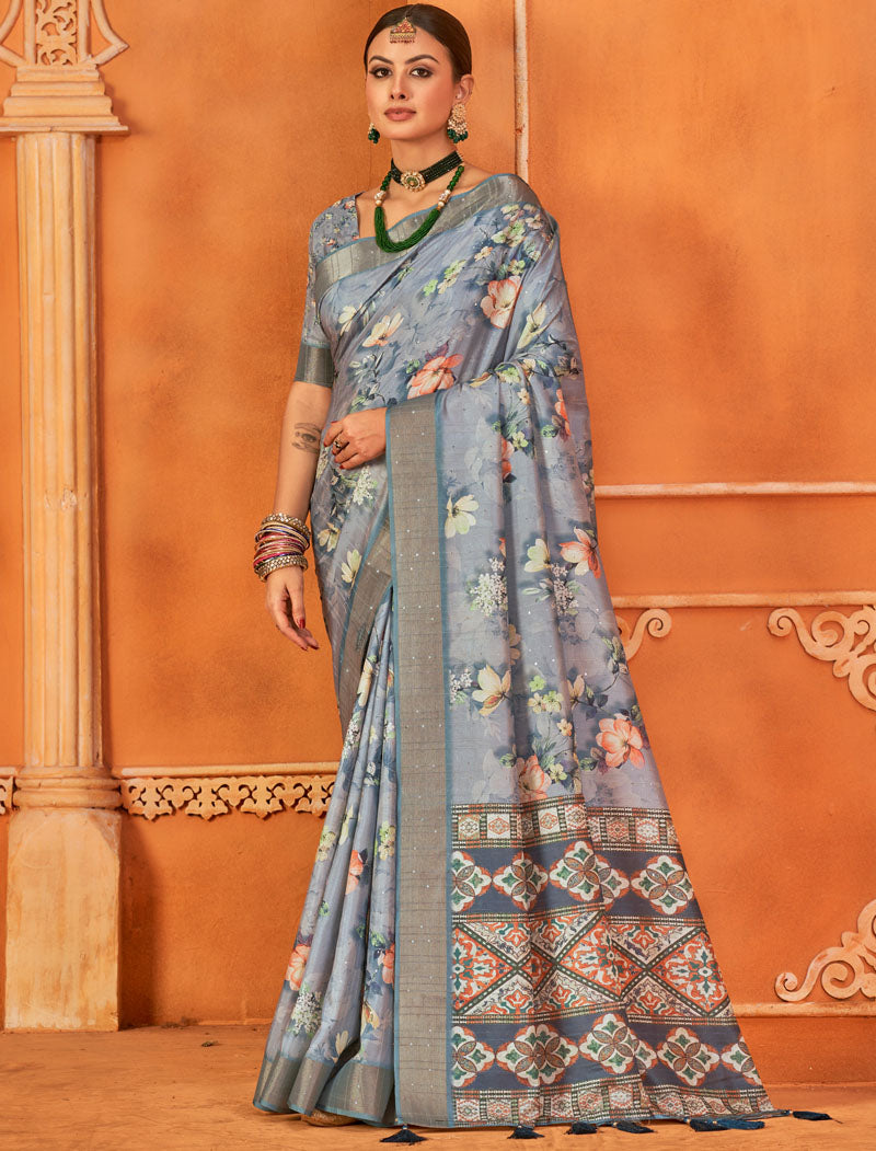 Regal Radiance Fancy Silk Digital Print With Gotha Silk Border And Digital Print UnStitched Saree