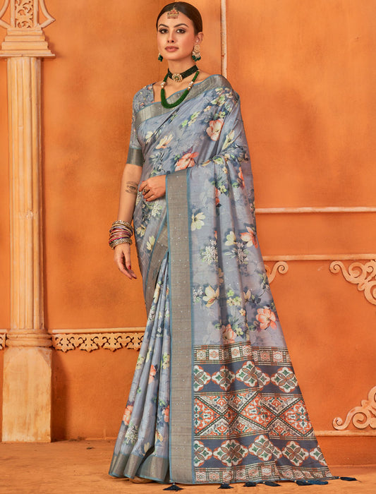 Regal Radiance Fancy Silk Digital Print With Gotha Silk Border And Digital Print UnStitched Saree