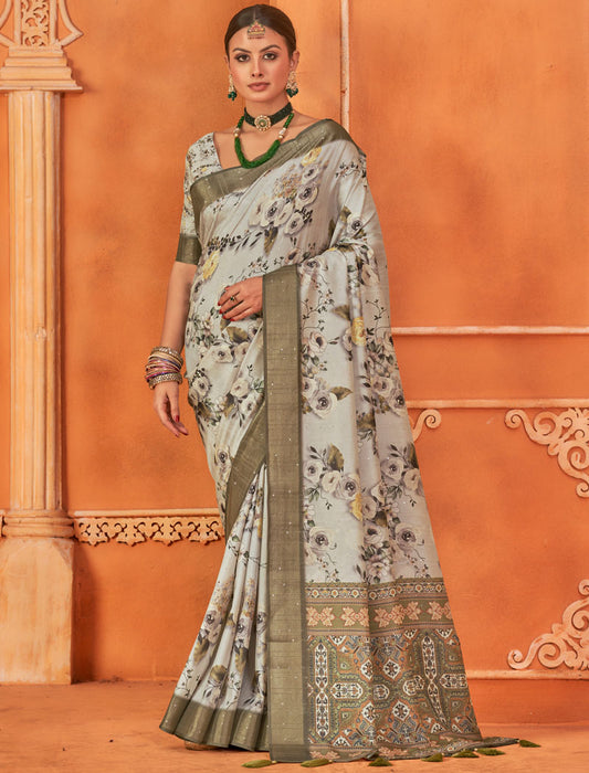 Elegance Fancy Silk Digital Print With Gotha Silk Border And Digital Print UnStitched Saree