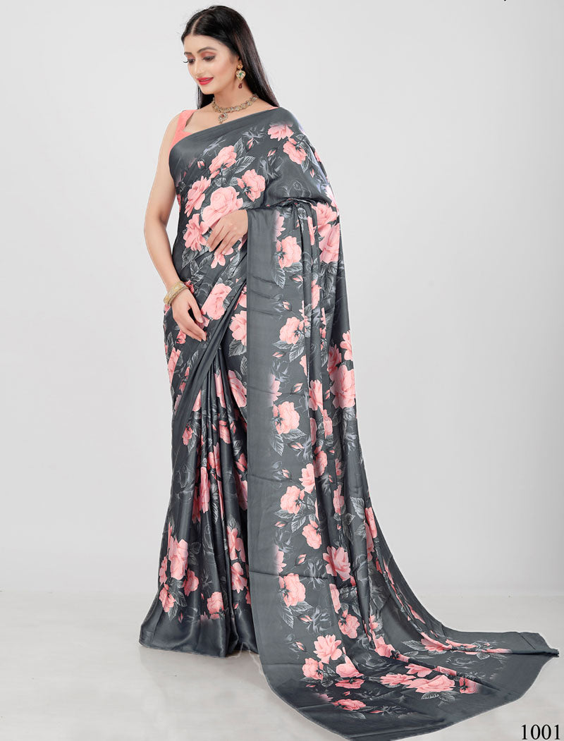 Grey Latest Satin Saree Crafted with Pure Japan Satin And Diamond Silk Blouse Rich Digital Print Saree