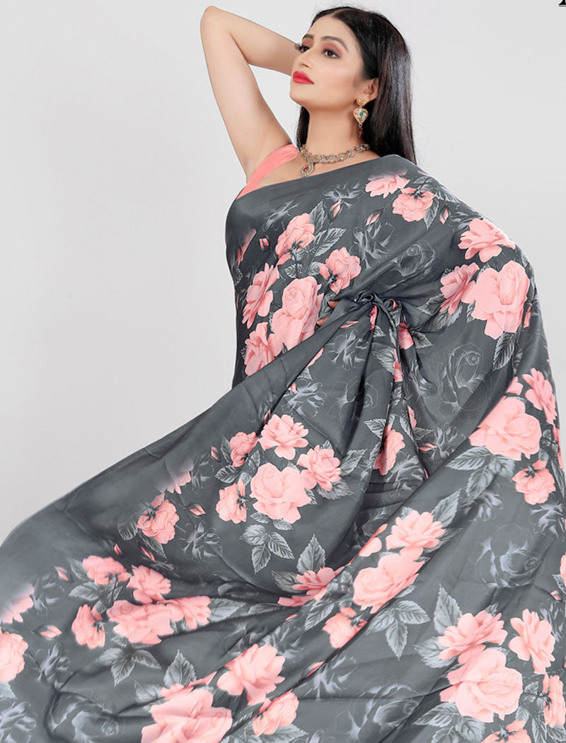 Grey Latest Satin Saree Crafted with Pure Japan Satin And Diamond Silk Blouse Rich Digital Print Saree