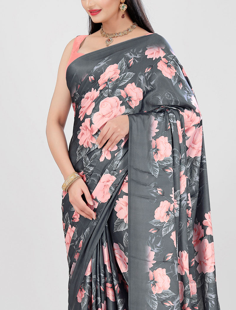 Grey Latest Satin Saree Crafted with Pure Japan Satin And Diamond Silk Blouse Rich Digital Print Saree