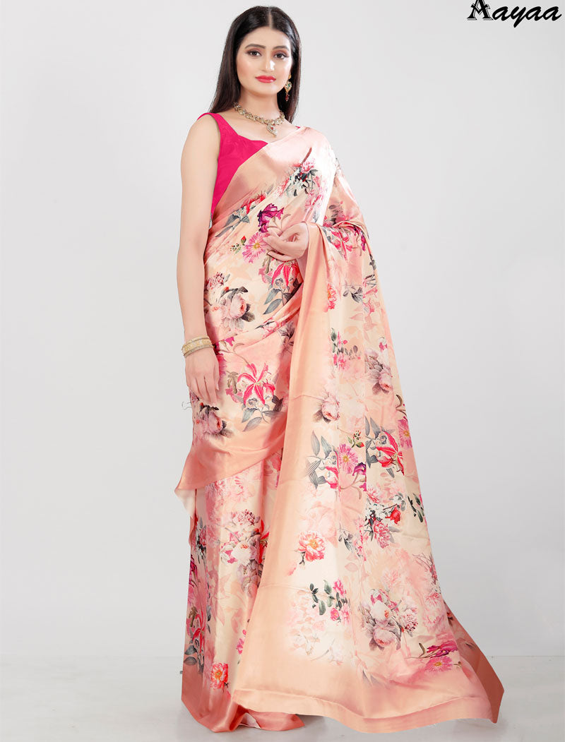 Peach Latest Satin Saree Crafted with Pure Japan Satin And Diamond Silk Blouse Rich Digital Print Saree