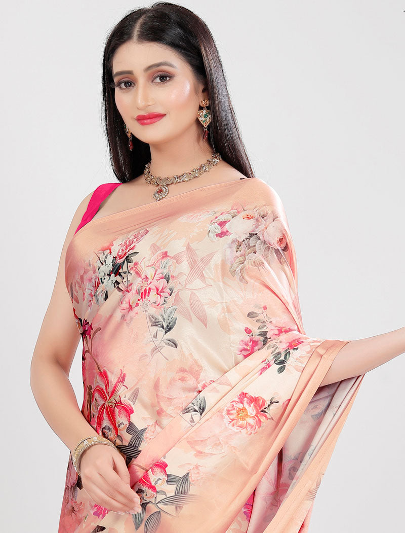 Peach Latest Satin Saree Crafted with Pure Japan Satin And Diamond Silk Blouse Rich Digital Print Saree