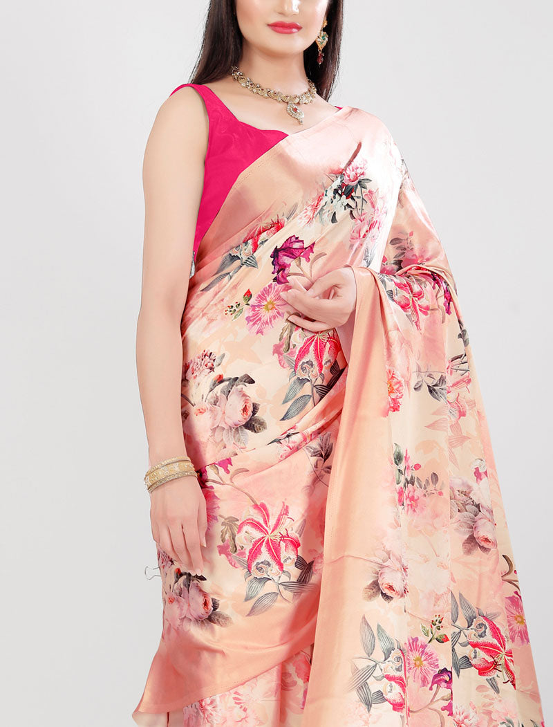 Peach Latest Satin Saree Crafted with Pure Japan Satin And Diamond Silk Blouse Rich Digital Print Saree