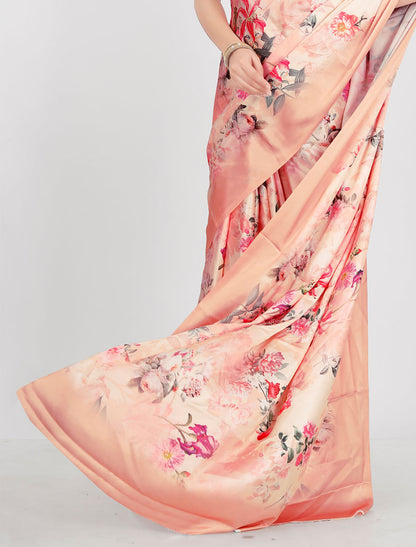 Peach Latest Satin Saree Crafted with Pure Japan Satin And Diamond Silk Blouse Rich Digital Print Saree