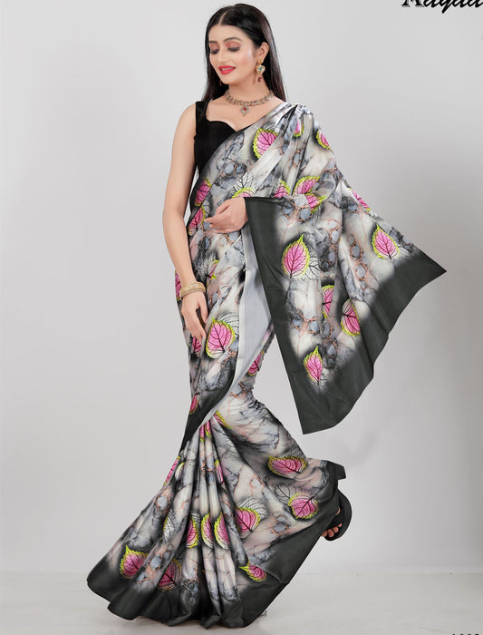 Black Latest Satin Saree Crafted with Pure Japan Satin And Diamond Silk Blouse Rich Digital Print Saree