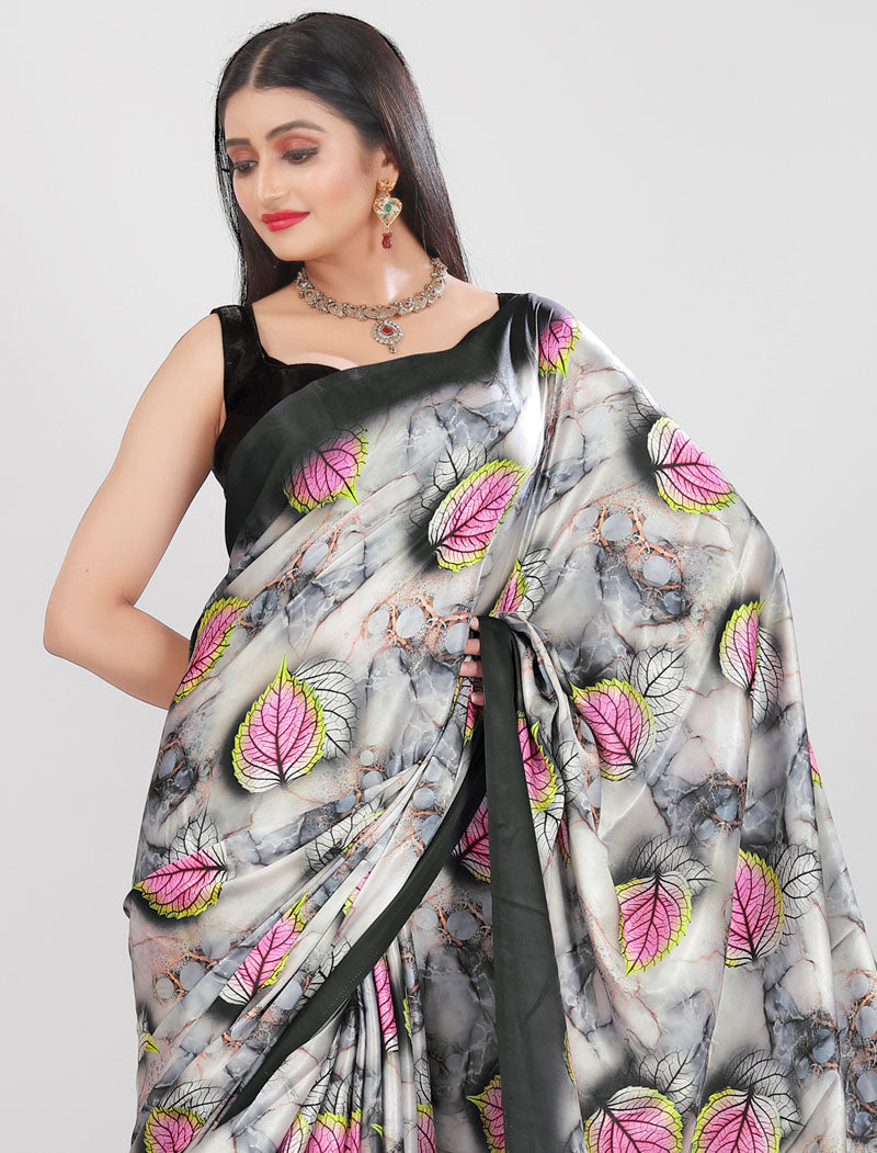 Black Latest Satin Saree Crafted with Pure Japan Satin And Diamond Silk Blouse Rich Digital Print Saree