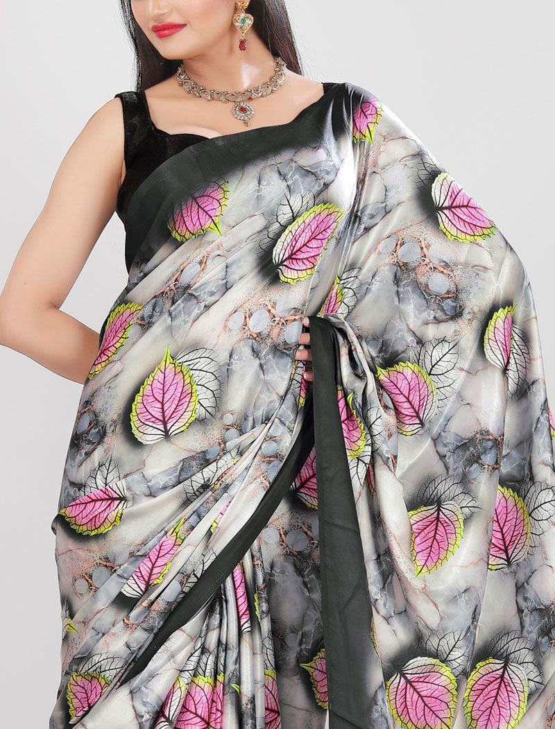 Black Latest Satin Saree Crafted with Pure Japan Satin And Diamond Silk Blouse Rich Digital Print Saree