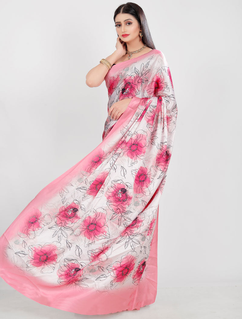 Pink Latest Satin Saree Crafted with Pure Japan Satin And Diamond Silk Blouse Rich Digital Print Saree