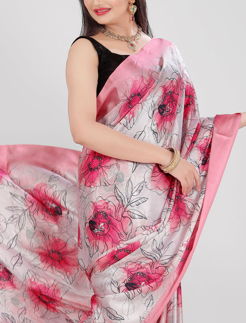 Pink Latest Satin Saree Crafted with Pure Japan Satin And Diamond Silk Blouse Rich Digital Print Saree