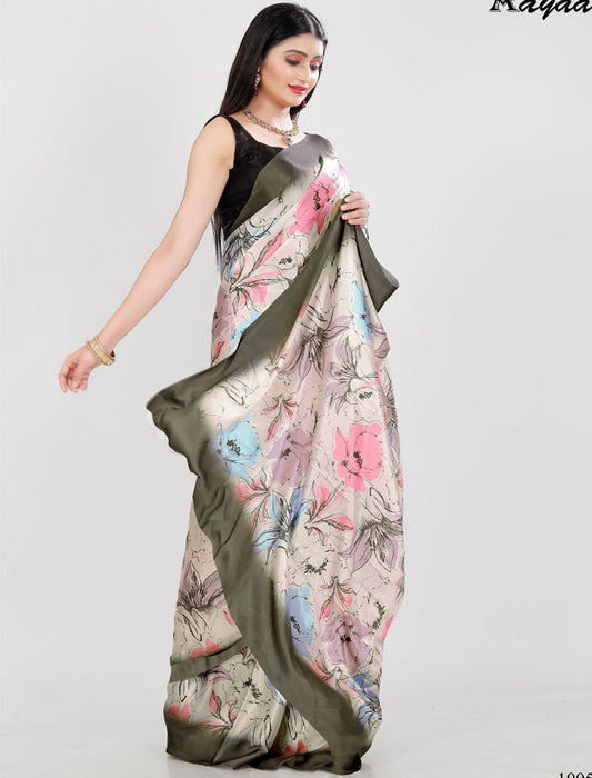 Green Latest Satin Saree Crafted with Pure Japan Satin And Diamond Silk Blouse Rich Digital Print Saree