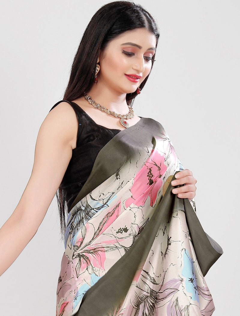 Green Latest Satin Saree Crafted with Pure Japan Satin And Diamond Silk Blouse Rich Digital Print Saree