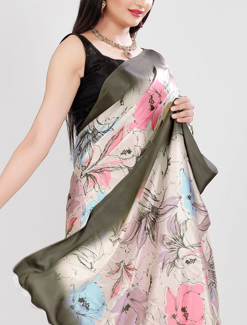 Green Latest Satin Saree Crafted with Pure Japan Satin And Diamond Silk Blouse Rich Digital Print Saree