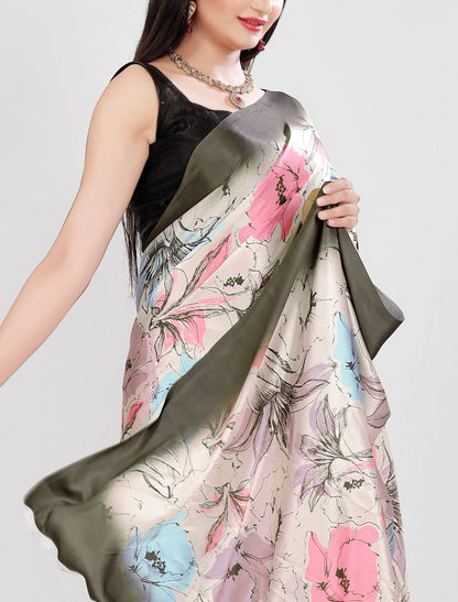 Green Latest Satin Saree Crafted with Pure Japan Satin And Diamond Silk Blouse Rich Digital Print Saree