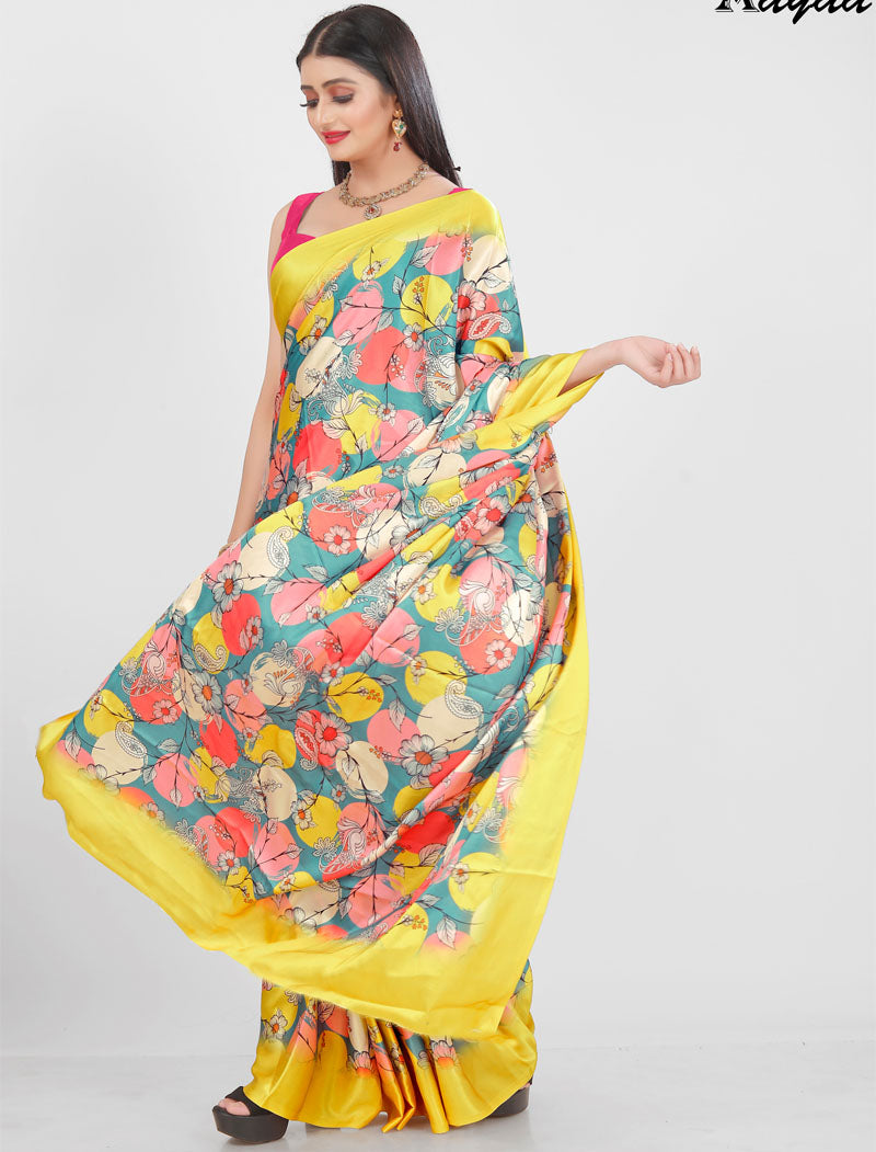 Yellow Latest Satin Saree Crafted with Pure Japan Satin And Diamond Silk Blouse Rich Digital Print Saree