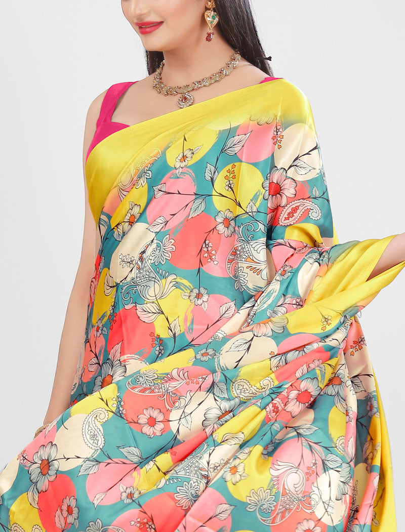 Yellow Latest Satin Saree Crafted with Pure Japan Satin And Diamond Silk Blouse Rich Digital Print Saree