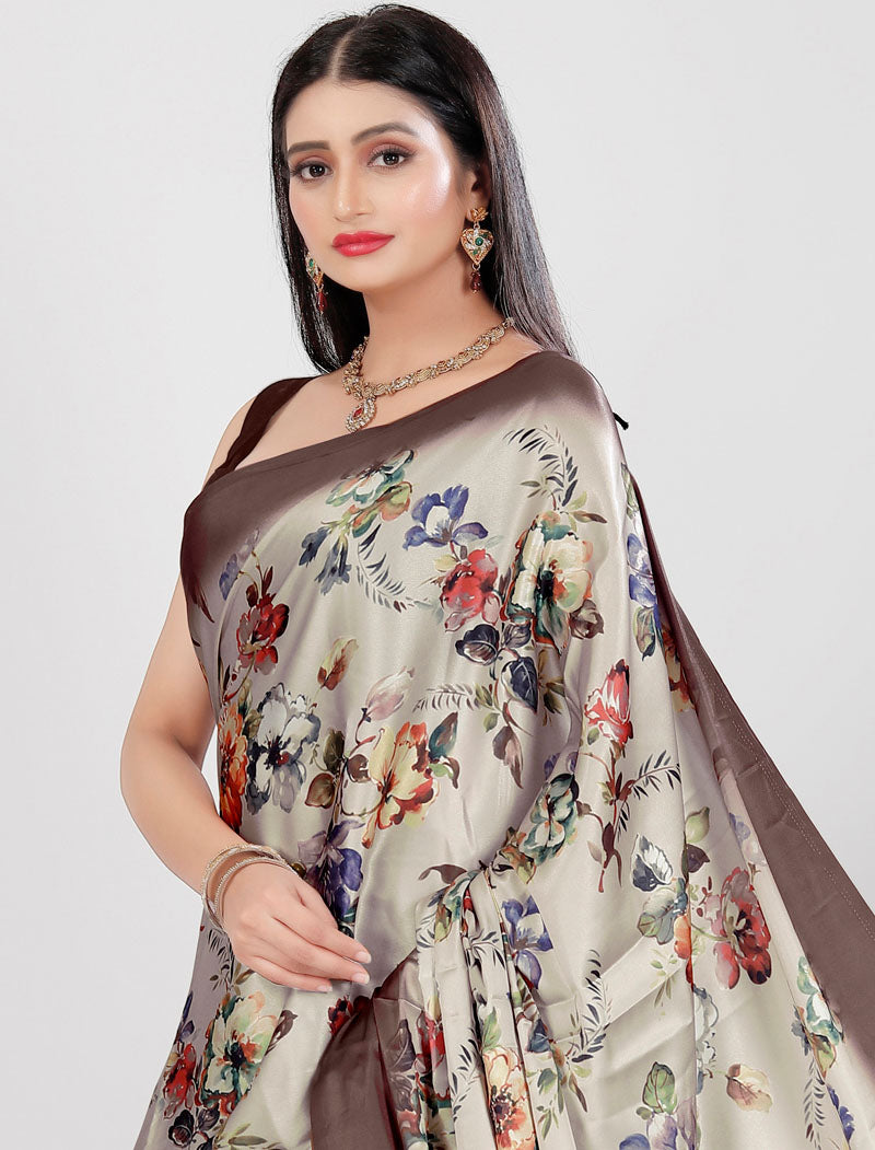 Brown Latest Satin Saree Crafted with Pure Japan Satin And Diamond Silk Blouse Rich Digital Print Saree