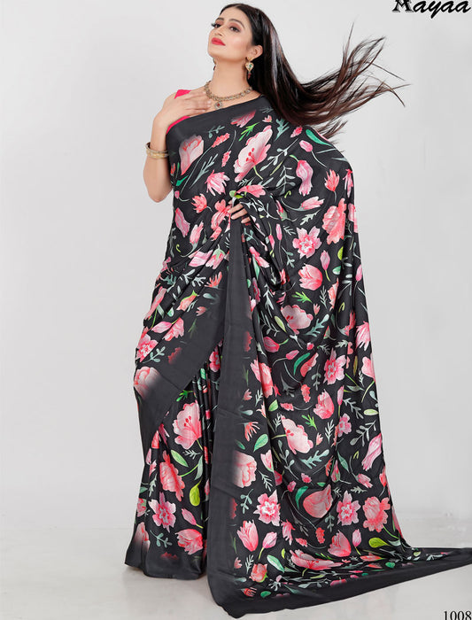 Dark Grey Latest Satin Saree Crafted with Pure Japan Satin And Diamond Silk Blouse Rich Digital Print Saree