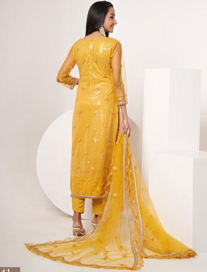 Yellow Women Ethnic Semi Stitched Salwar Suit Wtih Thread Work Sequence Embroidery