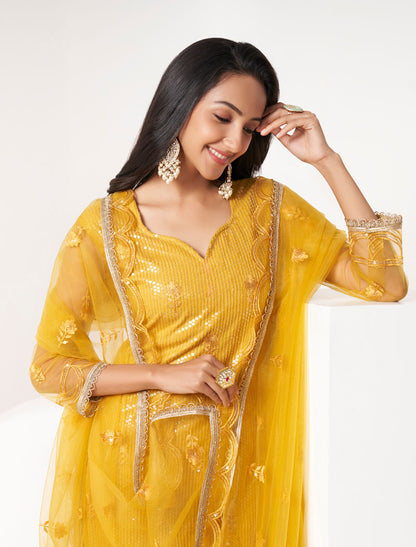 Yellow Women Ethnic Semi Stitched Salwar Suit Wtih Thread Work Sequence Embroidery