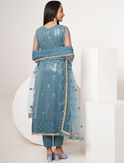 Blue Butterfly Thread Work Ethnic Semi Stitched Women Salwar Suit With Sequence Embroidery