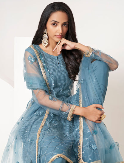 Blue Butterfly Thread Work Ethnic Semi Stitched Women Salwar Suit With Sequence Embroidery