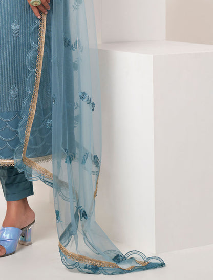 Blue Butterfly Thread Work Ethnic Semi Stitched Women Salwar Suit With Sequence Embroidery