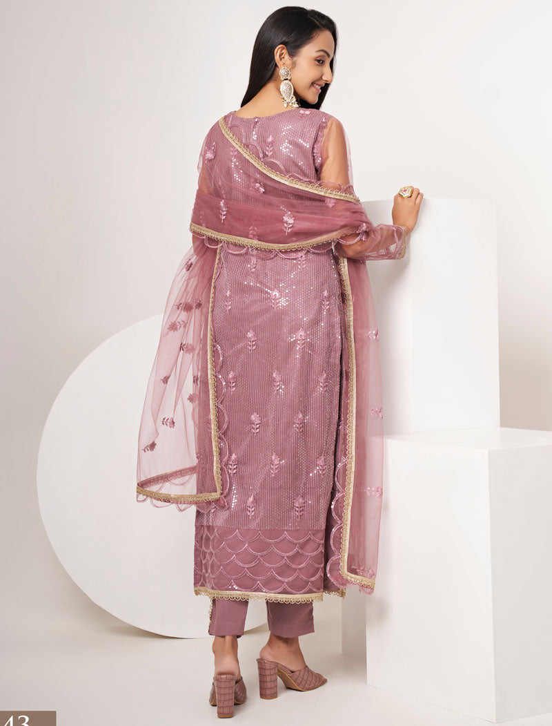 Pink Butterfly Net Luxrious Semi Stitched Salwar Suit Thread Work Embroidery & Fancy Lace