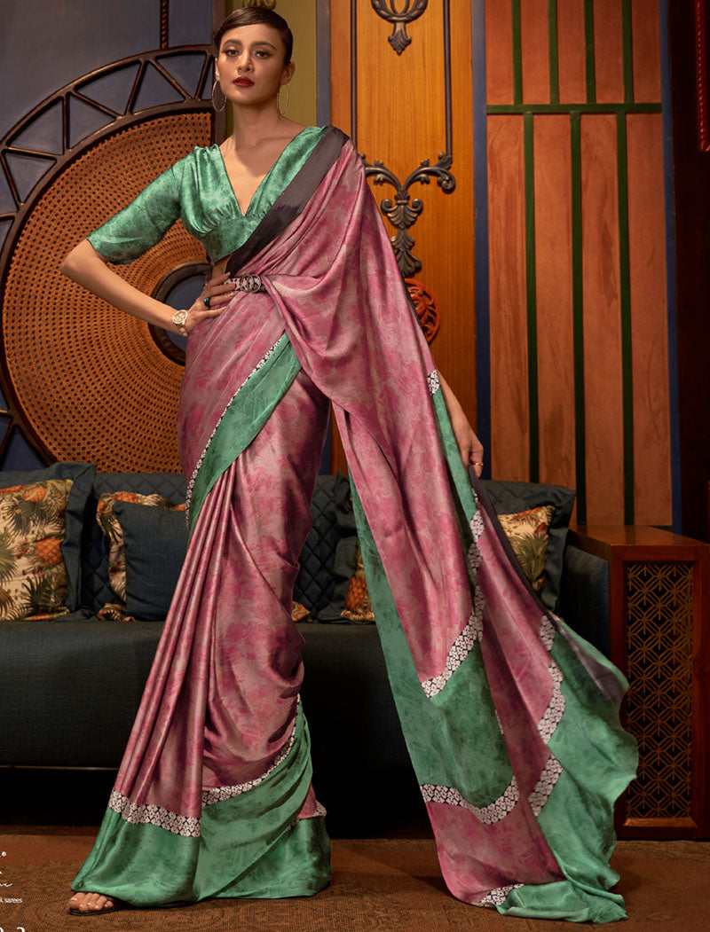 Pista Green And Peach Sea Green And Black Fancy Japan Satin Crepe With Digital Print Luxury Stylish Saree