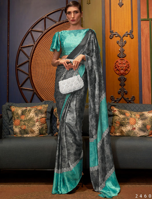 Grey And Sea Green Sea Green And Black Fancy Japan Satin Crepe With Digital Print Luxury Stylish Saree