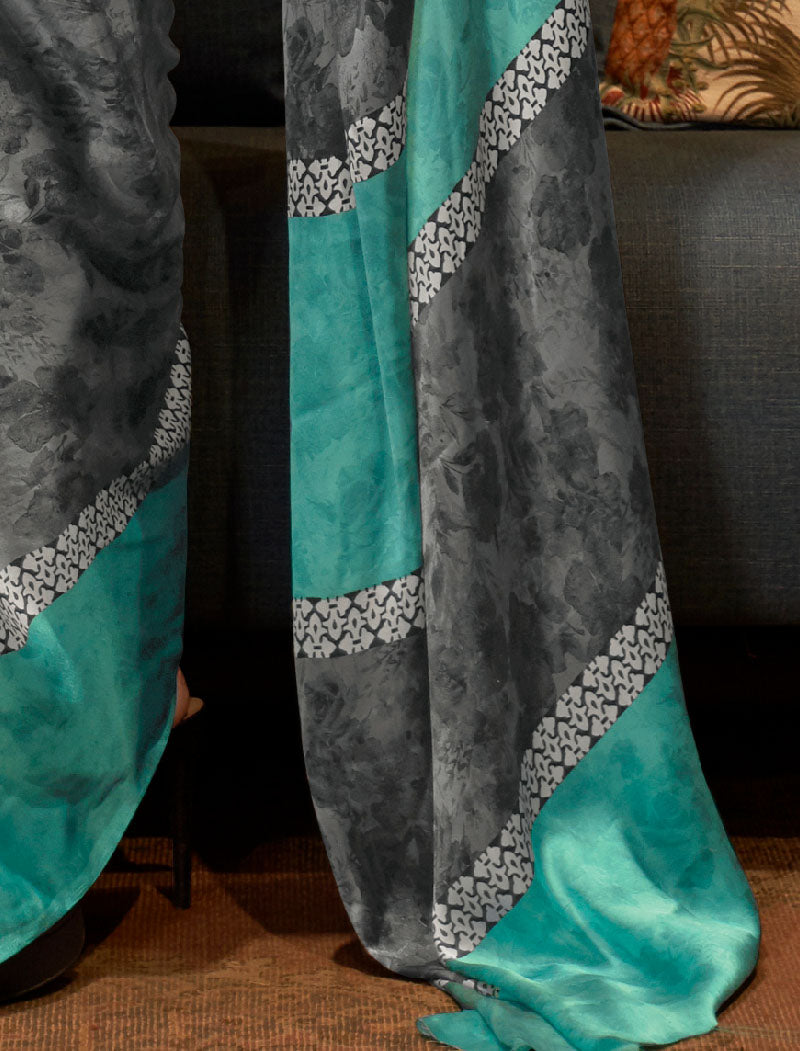 Grey And Sea Green Sea Green And Black Fancy Japan Satin Crepe With Digital Print Luxury Stylish Saree