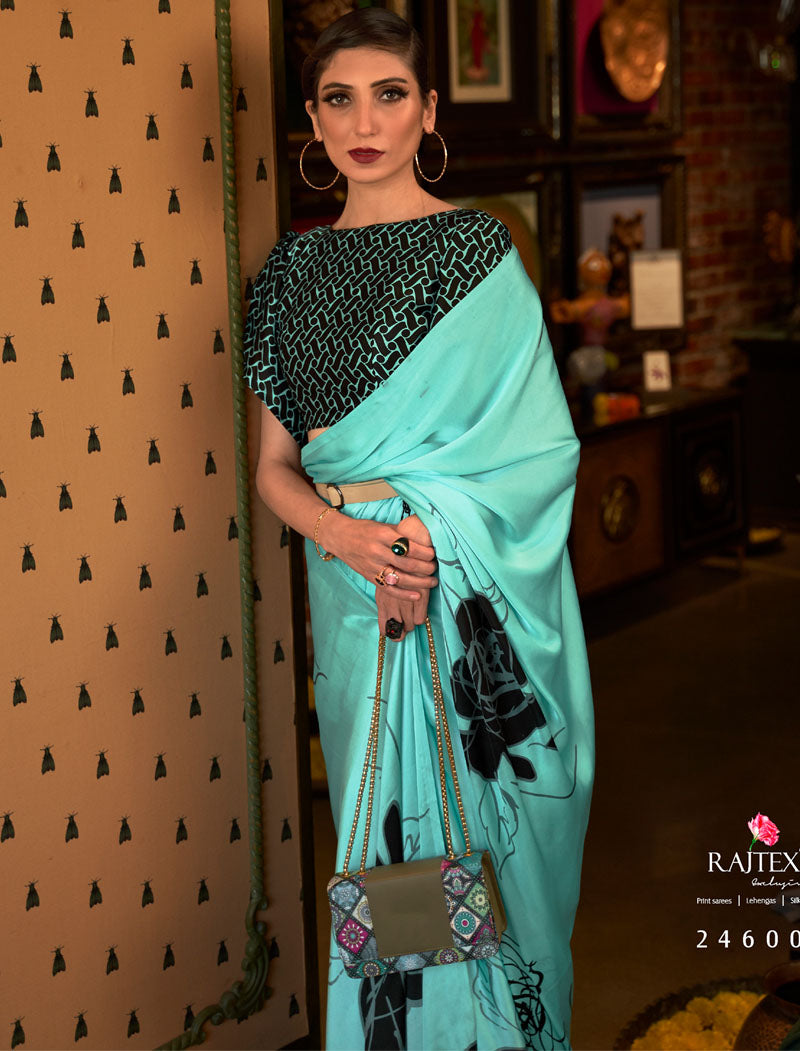 Sea Green And Black Fancy Japan Satin Crepe With Digital Print Luxury Stylish Saree