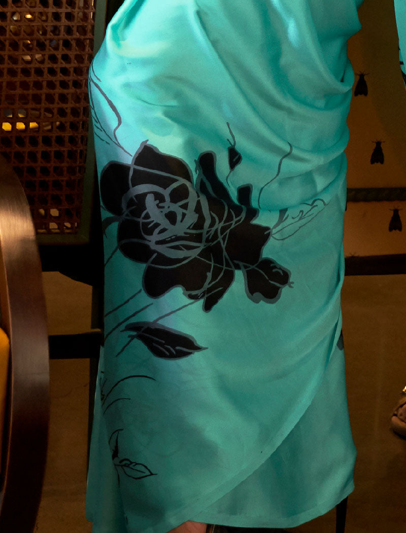 Sea Green And Black Fancy Japan Satin Crepe With Digital Print Luxury Stylish Saree