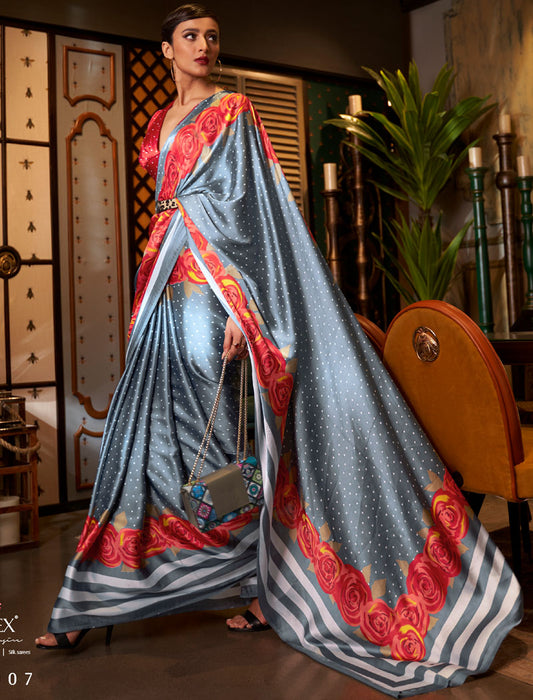 Shine Grey And Peach Fancy Japan Satin Crepe With Digital Print Luxury Stylish Saree