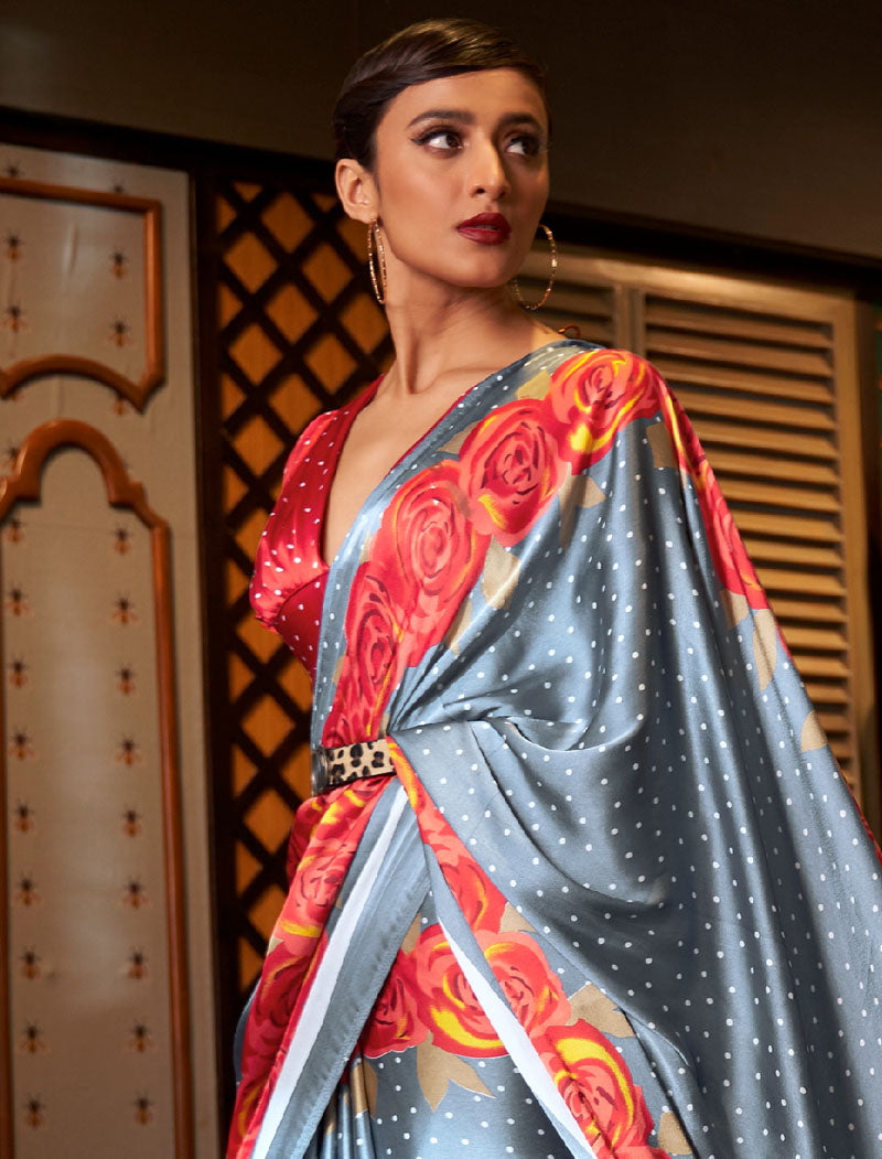 Shine Grey And Peach Fancy Japan Satin Crepe With Digital Print Luxury Stylish Saree