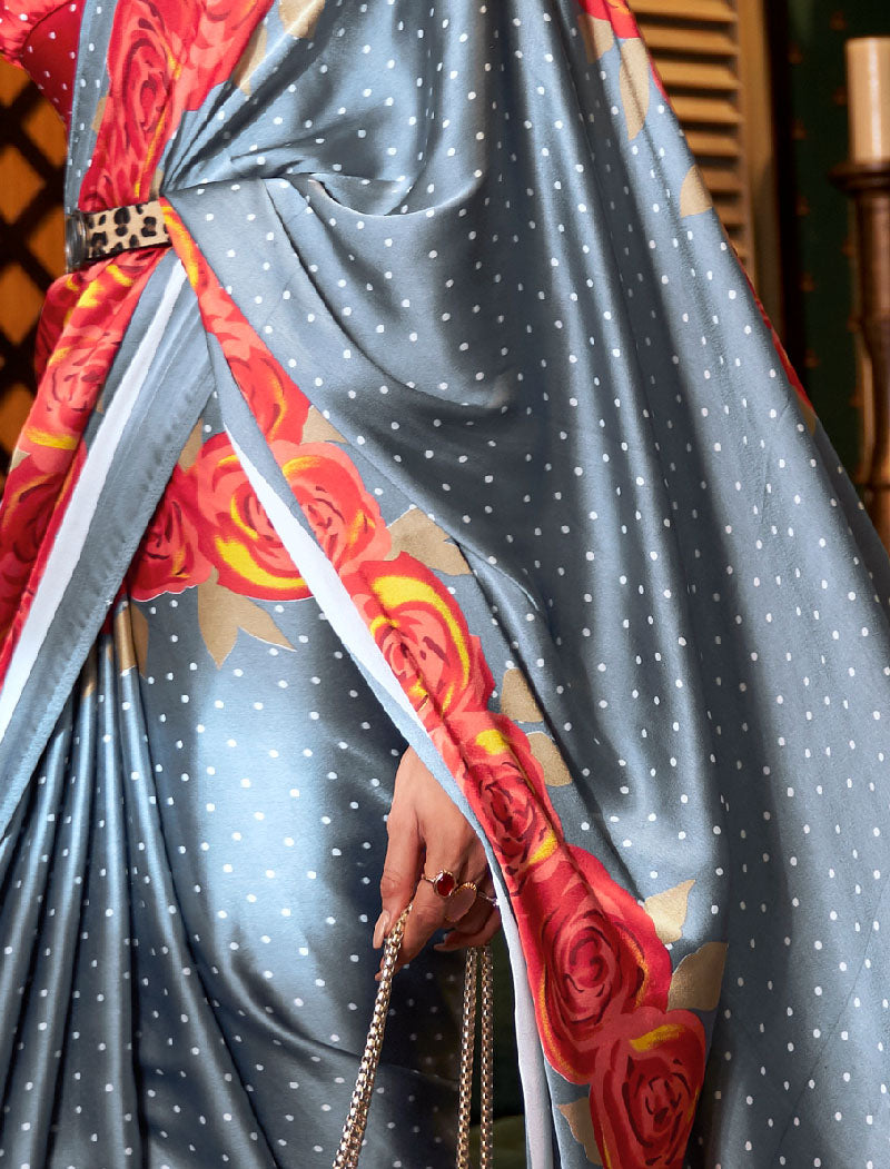 Shine Grey And Peach Fancy Japan Satin Crepe With Digital Print Luxury Stylish Saree