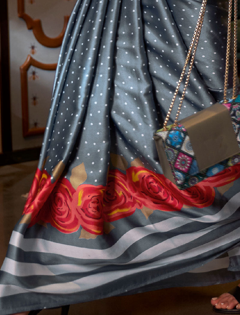 Shine Grey And Peach Fancy Japan Satin Crepe With Digital Print Luxury Stylish Saree