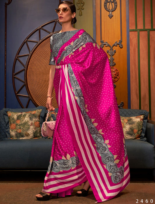 Pink And Grey Fancy Japan Satin Crepe With Digital Print luxury Stylish Saree