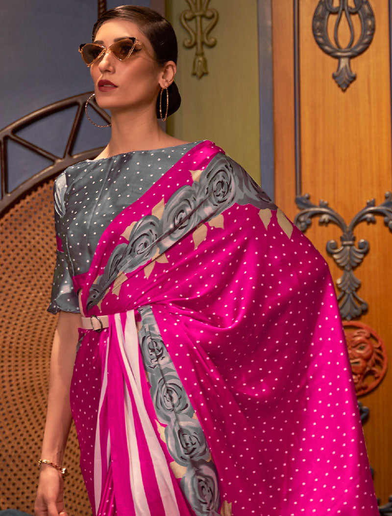 Pink And Grey Fancy Japan Satin Crepe With Digital Print luxury Stylish Saree