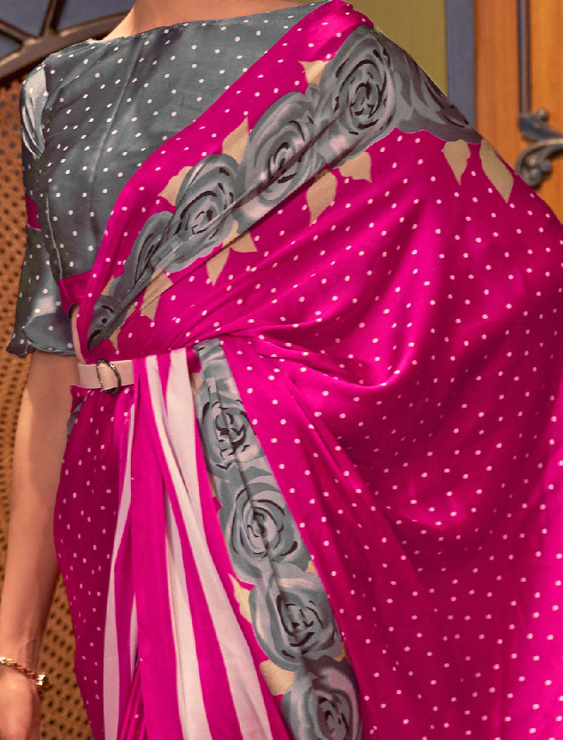 Pink And Grey Fancy Japan Satin Crepe With Digital Print luxury Stylish Saree