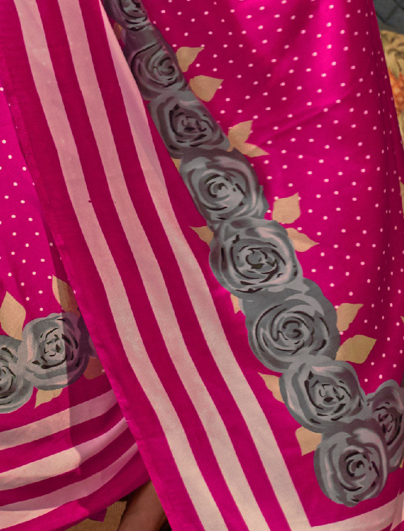 Pink And Grey Fancy Japan Satin Crepe With Digital Print luxury Stylish Saree