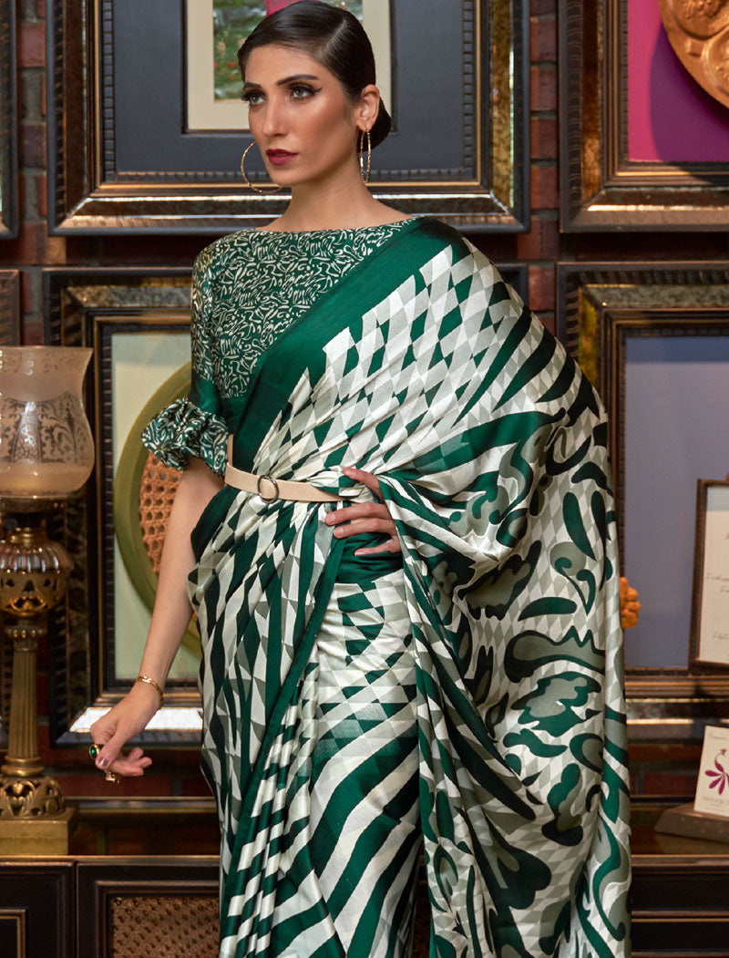 Olive Green And Cream Fancy Japan Satin Crepe With Digital Print Luxury Stylish Saree