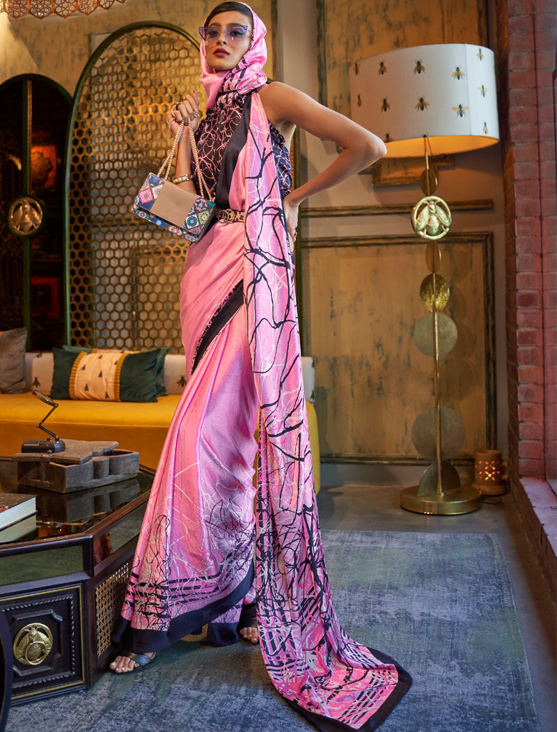 Light Pink And Black Fancy Japan Satin Crepe With Digital Print luxury Stylish Saree