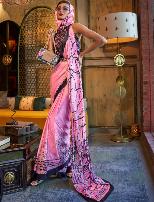 Light Pink And Black Fancy Japan Satin Crepe With Digital Print luxury Stylish Saree