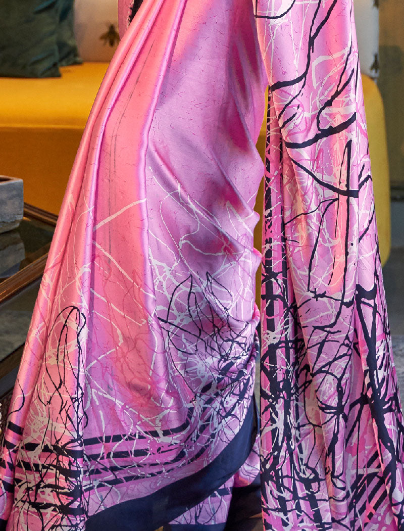 Light Pink And Black Fancy Japan Satin Crepe With Digital Print luxury Stylish Saree