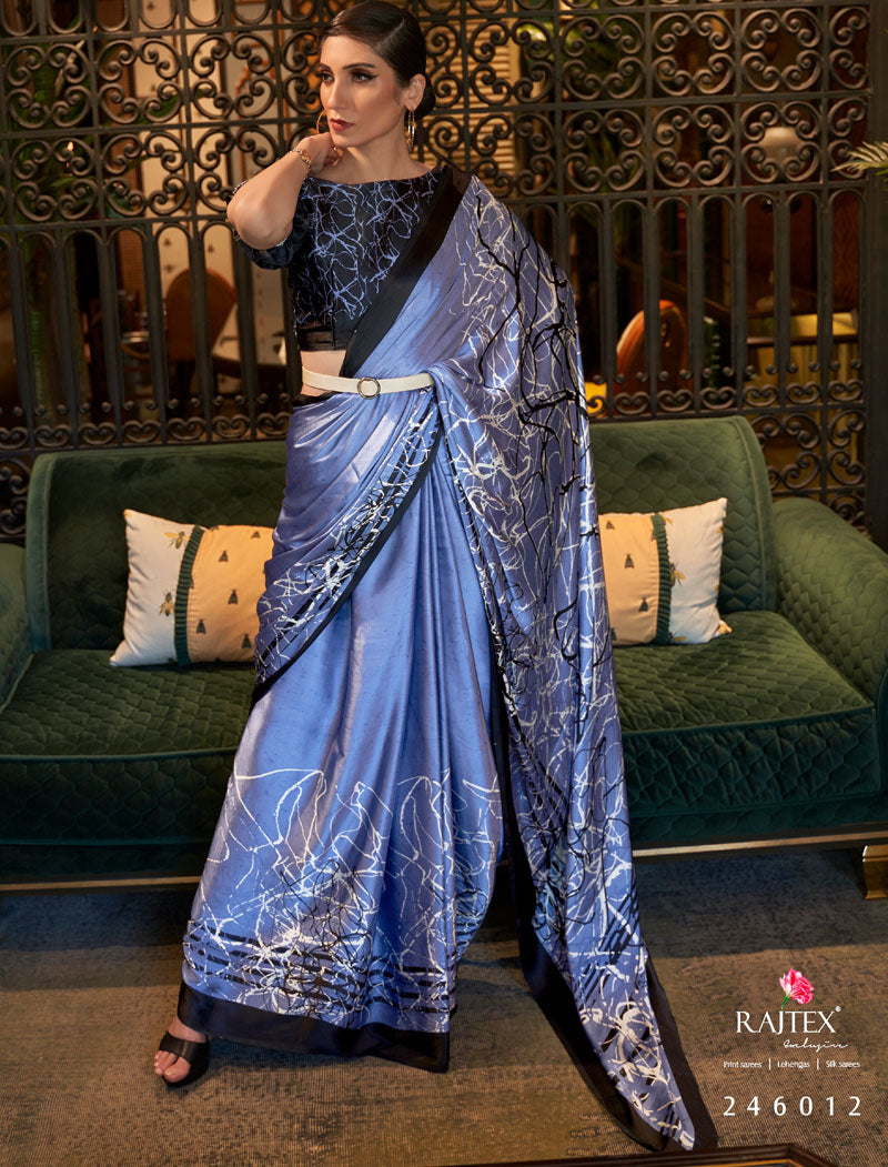 Shine Blue And Black Fancy Japan Satin Crepe With Digital Print Luxury Stylish Saree